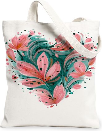 Generic Floral Heart Canvas Tote Bags, Flower Pattern Reusable Grocery Bags, Spring Vintage Lightweight Washable Shoulder Strap Can, White, 13x15 Inch