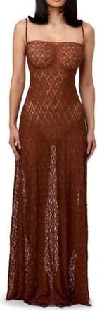 Naked Wardrobe Sheer Stretch Lace Maxi Dress in Brown Sugar at Nordstrom Rack, Size Large