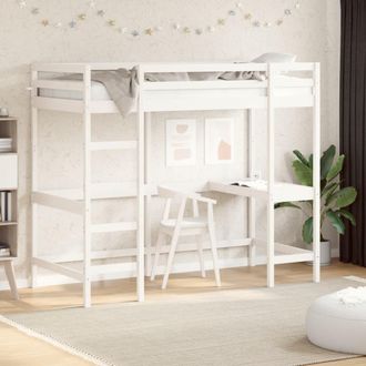 vidaXL Vidaxl - Cama Alta Con Escritorio Madera Maciza Pino Blanca 90x200 Cm