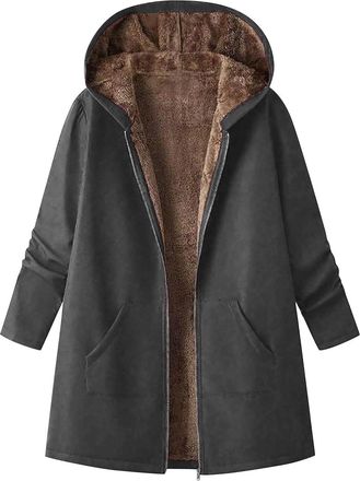 Generic Womens Winter Coat with Hood Warm Fleece Lined Fuzzy Full Zip Hooded Jacket Sweatshirts with Pockets Casual Mid Length Casual Ladies Warm Jumper Coats