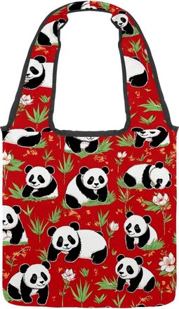 Generic Cute Panda on Red Reversible Canvas Shoulder Tote - Double-Sided Print, 12oz Cotton, 27cm Drop, Fold-Flat Bag for Travel, Shopping, Street Outings