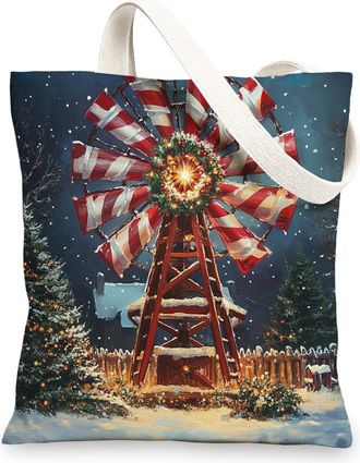 Generic Winter Farmhouse Merry Christmas Canvas Tote Bag for Shopping 13x15, Country Windmill Xmas Snow Reusable Grocery Print Bag for Women, Farm Holiday Bea