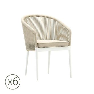 Kerama Pack de 6 sillas de jardin de aluminio blanco y cuerda con coj&iacute;n