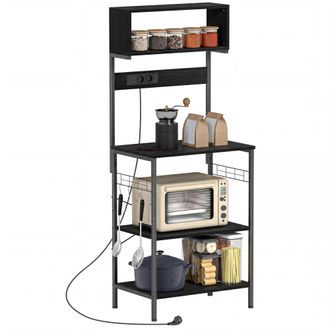 Mauro Ferretti Scaffale Da Cucina Con Multipresa Per Microonde Con Ripiani E Ganci Stile Industriale, Legno E Acciaio, Nero