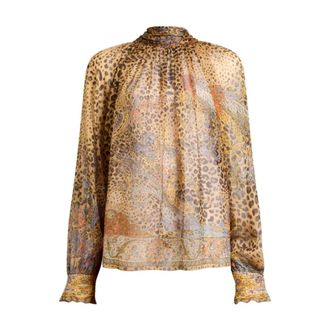 Etro Blouses, female, Brown, M, Silk Chiffon Blouse with Silk Scarf and Paisley and Animal Motif