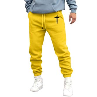 Generic Mens Trousers Casual Smart Christian Cross Print Athletic Sweatpants Elasticated Waist Joggers Tracksuit Bottoms with Pockets, Yellow, L