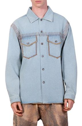 Pleasures Fortress Denim Button-Up Shirt in Washed Indigo at Nordstrom, Size Xx-Large