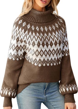 Generic Womens Christmas Jumper Autumn and Winter Turtleneck Long Sleeve Sweater Ladies Xmas Retro Jacquard Sweater Casual Loose Fairisle Retro Pullover Class
