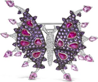 House of Brilliance 18K White Gold 1.00 Cttw Diamond, Ruby Sapphire, and Amethyst Mixed Gemstone Butterfly Brooch Pin