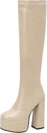 Generic Women Knee High Stretch Boots Winter Warm Thick Heel Slim Fit Side Zipper Casual Boot