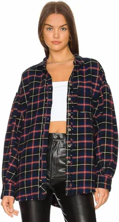 Free People Happy Hour Plaid Shirt In Navy Combo