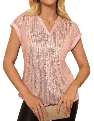 Grace Karin Womens Sequin Tops Short Cap Sleeve V-Neck Loose Party Blouse for Christmas XL Pink