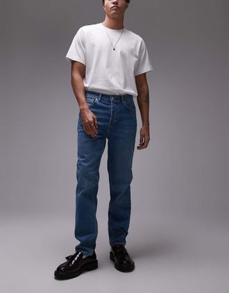 Topman stretch taper jeans in mid wash blue