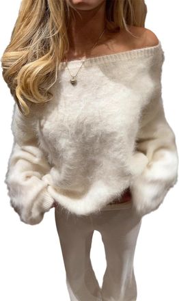 Generic Women Off Shoulder Cropped Sweater Oversized Long Sleeve Cozy Fluffy Fuzzy Knit Pullover Tops White