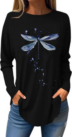 Generic Fit T Shirts Womens Blouse Loose Tunnic Fit Tee Womens 2025 Popular Printed Casual Loose Daily Round Neck Long Sleeved T Shirt Under 5 for Women (Blac