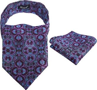 Alizeal Mens Cravat Tie Set Ascot Retro Floral for Banquet Party Tie and Pocket Square Set, Purple+Blue