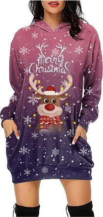 Generic Women Christmas Dress Merry Christmas Letters Snowflakes Wine Glass Xmas Prints Long Sleeve Hooded Loose Sweatshirt Dresses Outfits for Women (c-Purpl