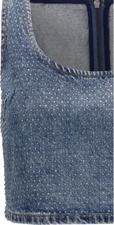 Self Portrait Womens Crop Top Rhinestone Denim Blue Cotton