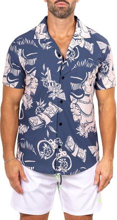 Maceoo Marthyr0400 Short Sleeve Camp Shirt in Blue at Nordstrom, Size 6