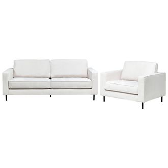 Beliani Conjunto De Sala De Estar Moderno 3 Plazas De Tela Sof&aacute; Y Sill&oacute;n Patas De Metal Blanco Crema Savalen