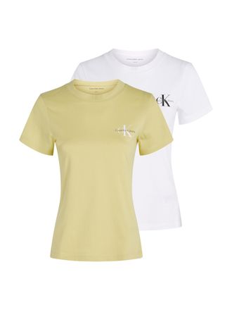 Calvin Klein Jeans T-Shirt CALVIN KLEIN JEANS 2-PACK MONOLOGO SLIM TEE, Damen, Gr. XXXL(46), weiss (muted lime, brilliant wei&szlig;), Single Jersey, Obermaterial: 100% Baumwo