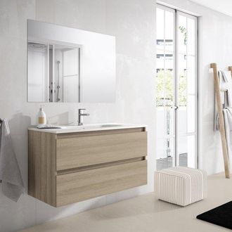 Adema Chaci Badkamermeubelset - 100x45x57cm - 1 ovale keramische wasbak wit - 1 kraangat - 2 lades - rechthoekige spiegel - eiken