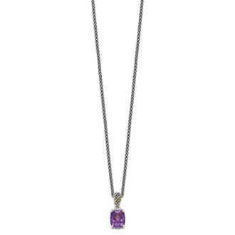 Diamond2Deal Sterling Silver with 14K Accent Diamond and Cushion Amethyst Pendant Necklace
