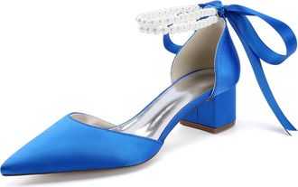 Generic Bridal Shoes Satin Womens Block Heel Wedding Shoes Pointed Toe Prom Party Dress Pumps 4.5Cm,Royal Blue,10 UK
