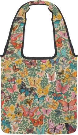 Generic Vintage Colorful Butterfly with Green Leaves Reversible Canvas Shoulder Tote - Double-Sided Print, 12oz Cotton, 27cm Drop, Fold-Flat Bag for Travel, S
