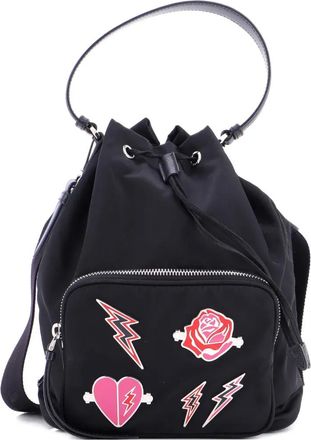 Prada Drawstring Embellished Tessuto Small bucket bag - Zwart