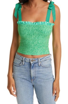 Alice & Olivia Alice + Olivia Penelope Smocked Ruffle Crop Top in Rare Feelings Jade, Size X-Large