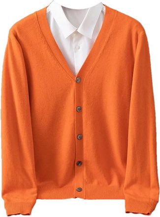Generic Mens Plus Size Cashmere Cardigan Sweater Solid Color Knitted V-Neck Warm Wool Male Casual Coat Orange