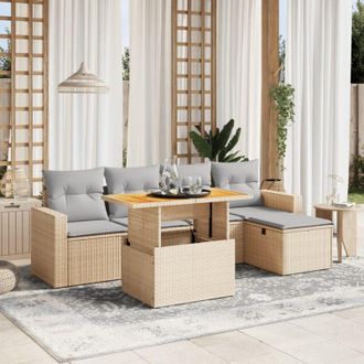 vidaXL Juego De Sof&aacute;s Jard&iacute;n Con Cojines 6 Pzas Rat&aacute;n Sint&eacute;tico Beige