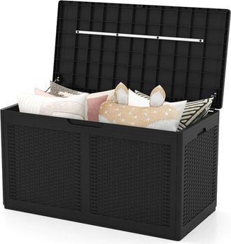 Costway Baule da Esterno 380 L Impermeabile, Cassapanca Contenitore in Rattan con Coperchio Bloccabile e Ruote, Baule Salvaspazio per Mantenere