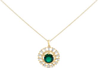 House of Brilliance 14KT Yellow Gold Plated.925 Sterling Silver Lab Grown Emerald and Baguette Diamond Medallion Pendant Necklace