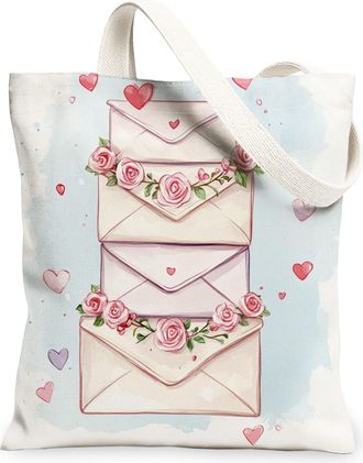 Generic Romantic Floral Canvas Tote Bags, Vintage Envelope Design Reusable Grocery Bags, Lightweight Washable Shoulder Strap Canvas for Travel Beach Picnic 13