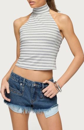 Edikted Kay Stripe High Neck Halter Top in Gray-Melange-And-White at Nordstrom, Size X-Small
