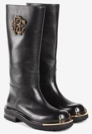 Roberto Cavalli Logo-Embellished Leather High Boots, Brand Size 40 ( US Size 10 )