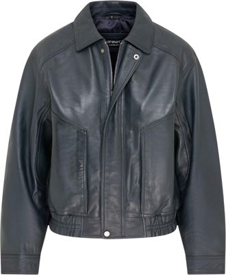 Infinity Leather Womens Navy Leather Biker Bomber Oversized Jacket - Blouson