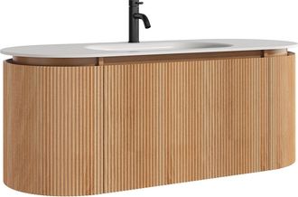 Vente-Unique Mueble de ba&ntilde;o suspendido estriado de madera de fresno con lavabo encastrado y grifo - Natural claro - An. 120 cm - LILIKO