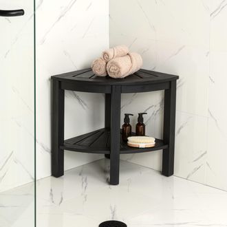 Jonathan Y Designs Maris 18 Classic Coastal Solid Acacia Wood Indoor/Outdoor Corner Shower Bench with Shelf, Light Teak