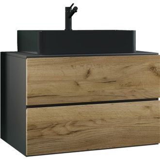 ebuy24 VCM 2 piezas Lavabo Lavabo negro gabinete inferior ancho 80 cm Muebles de baño con cajones Lendas S BL (antracita / roble miel)
