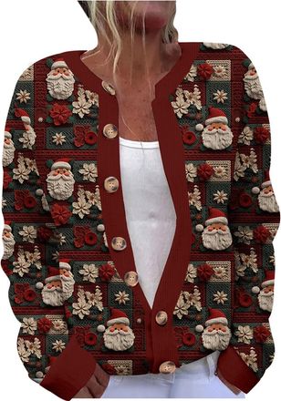 Generic Christmas Cardigans for Women UK Cute Funny Xmas Shirts Lightweight Long Sleeve Open Front Button Cardigan Sweaters Plus Size Sweatshirts Fall Tops So