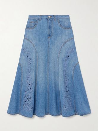 Chlo&eacute; + Net Sustain Gonna Midi In Denim Riciclato Con Finiture In Pizzo Sangallo - Blu