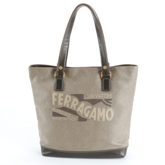 Ferragamo Brown Leather Coated Canvas Handbag Shoulder Bag Tote Bag (Pre-Owned)