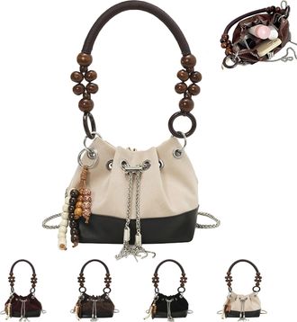 Generic Suede Beaded Drawstring Bucket Bag, Shoulder Purse Vintage with Chain Strap,WomensTrendyBeads Drawstring Bag (White)