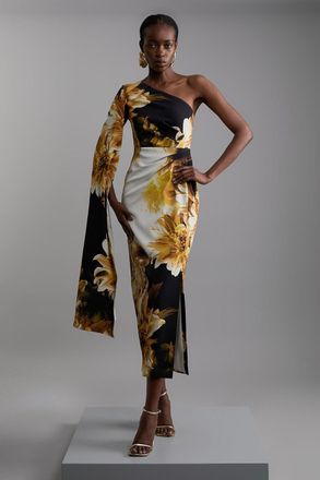 Karen Millen Compact Stretch Viscose Printed Photographic Floral One Shoulder Cape Maxi Dress