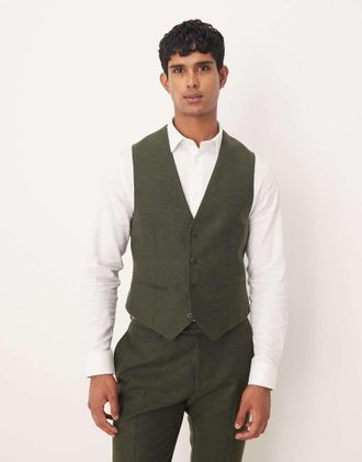 Asos Gilet da abito slim in lana con motivo a spina di pesce verde scuro