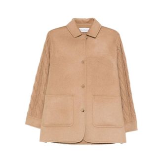 Max Mara Winter Jackets, female, Beige, XS, Camel Beige Cable-Knit Collared Coat