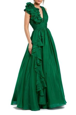 Mac Duggal Petite Ruffle Shoulder V-Neck Chiffon Gown in Emerald at Nordstrom, Size 12P